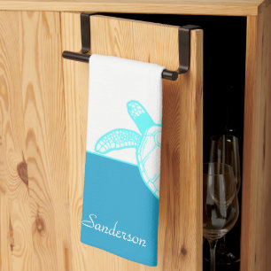 Custom Nautical Coastal Sea Turtle Blue Teal White Tea Towel