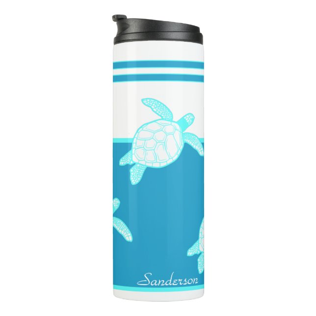Custom Nautical Coastal Sea Turtle Blue Teal White Thermal Tumbler (Rotated Right)
