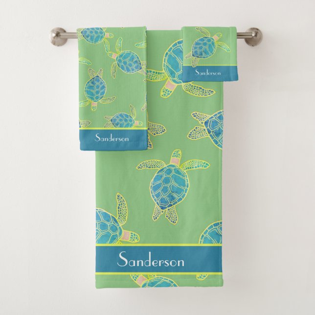 Custom Nautical Coastal Sea Turtle Green  Blue Bath Towel Set (Insitu)