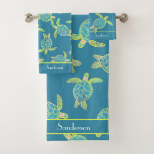 Custom Nautical Coastal Sea Turtle Turquoise  Blue Bath Towel Set