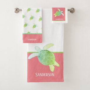 Custom Nautical Coastal Sea Turtle White Coral Bath Towel Set