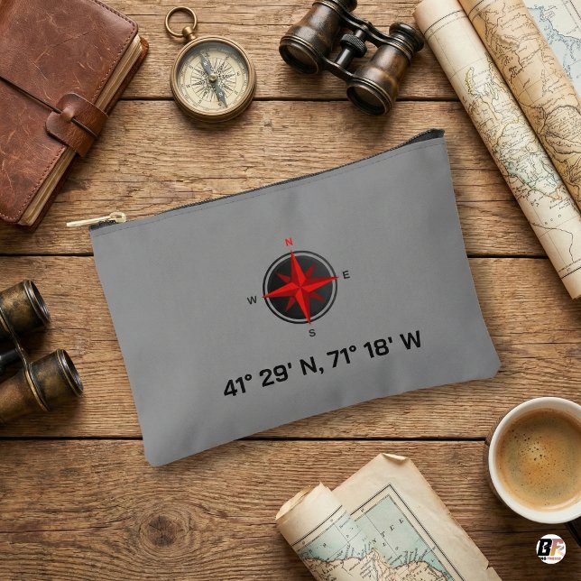 Custom Nautical Compass & Coordinates 41° N 71° W Accessory Pouch (Creator Uploaded)