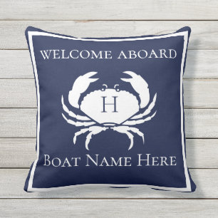 Custom Nautical CRAB White Navy Blue Boat Cushion