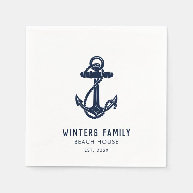 Custom Nautical Family Boat Trip Navy Blue Anchor Napkin (Front)