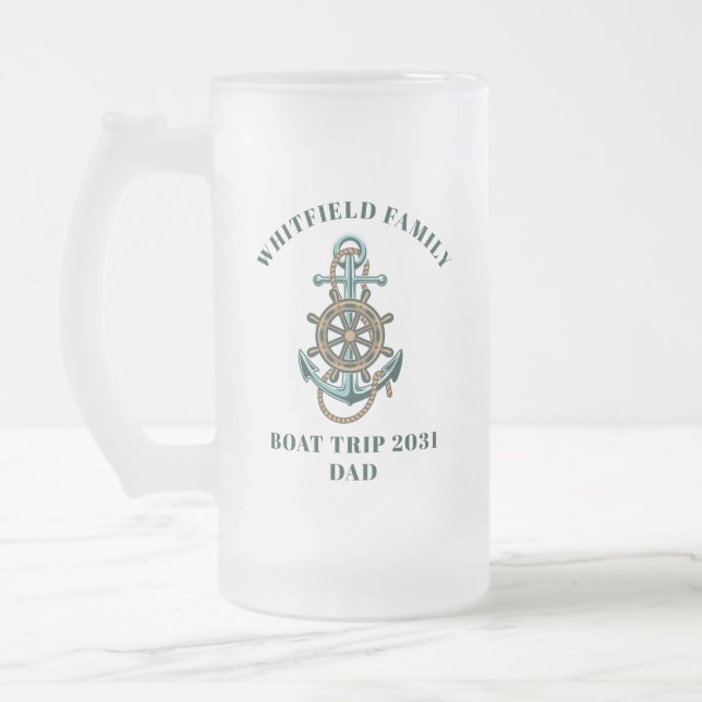 Custom Nautical Family Cruise Vacation Boat Trip Frosted Glass Beer Mug (Left)
