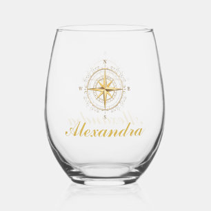 Custom Nautical Gold Colour Boat Compas Stemless Wine Glass