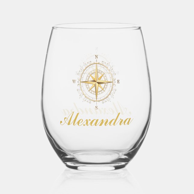 Custom Nautical Gold Colour Boat Compas Stemless Wine Glass (Front)