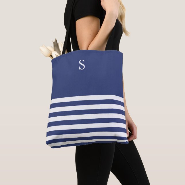 Custom Nautical Navy and White Striped Tote Bag (Close Up)