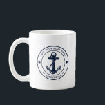 Custom Nautical Navy Blue Anchor Boat Name Coffee Mug<br><div class="desc">Add your boat or captain's name and location by clicking the "Personalise" button above. Set sail in style with our custom nautical-themed boating swag coffee mug, the ultimate companion for your maritime adventures. This cup boasts a cute design inspired by the ocean's wonders, featuring classic maritime motifs such as an...</div>