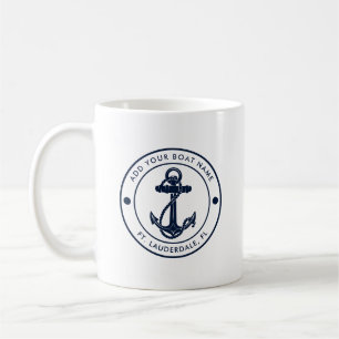 Custom Nautical Navy Blue Anchor Boat Name Coffee Mug