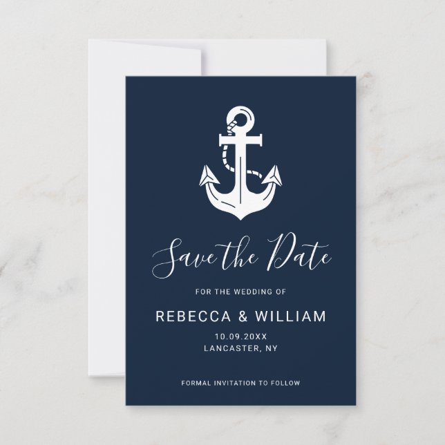 Custom Nautical Navy Blue Anchor Wedding Save The Date (Front)