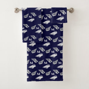 Custom Nautical Navy Blue Seashell Beach house Bath Towel Set