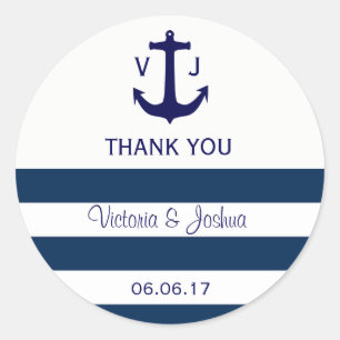 Custom Nautical Navy Blue Stripes Anchor Wedding Classic Round Sticker