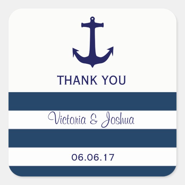 Custom Nautical Navy Blue Stripes Anchor Wedding Square Sticker (Front)