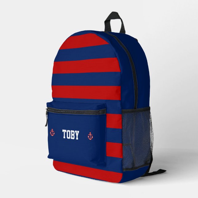 Custom Nautical Navy Red Stripes Printed Backpack (Back Corner Right)