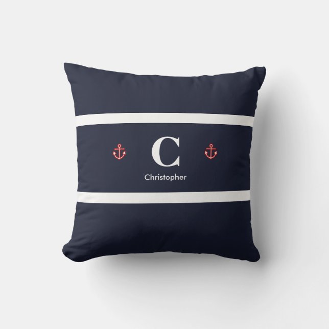 Custom Nautical Navy White Stripes Cushion (Front)
