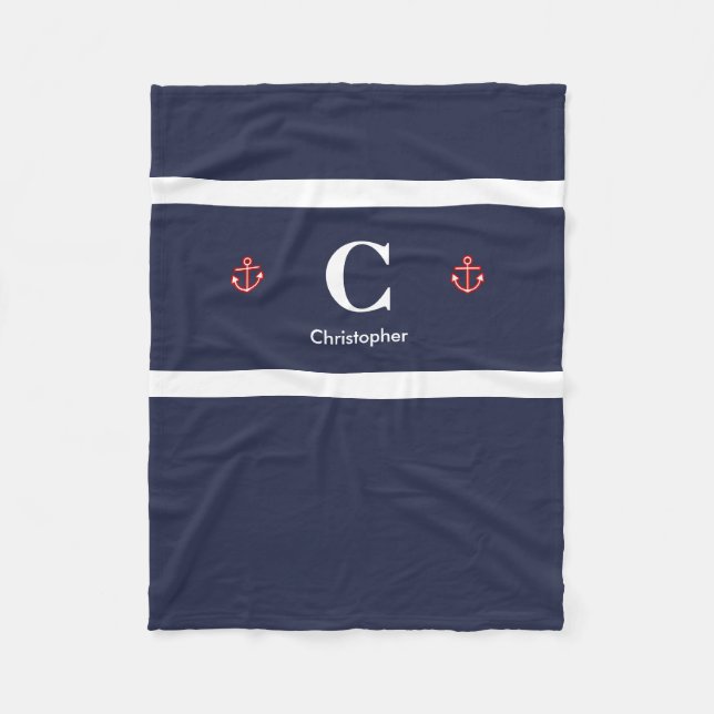 Custom Nautical Navy White Stripes Fleece Blanket (Front)