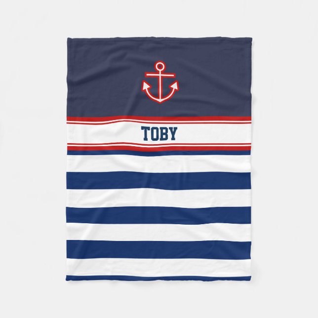Custom Nautical Navy White Stripes Fleece Blanket (Front)