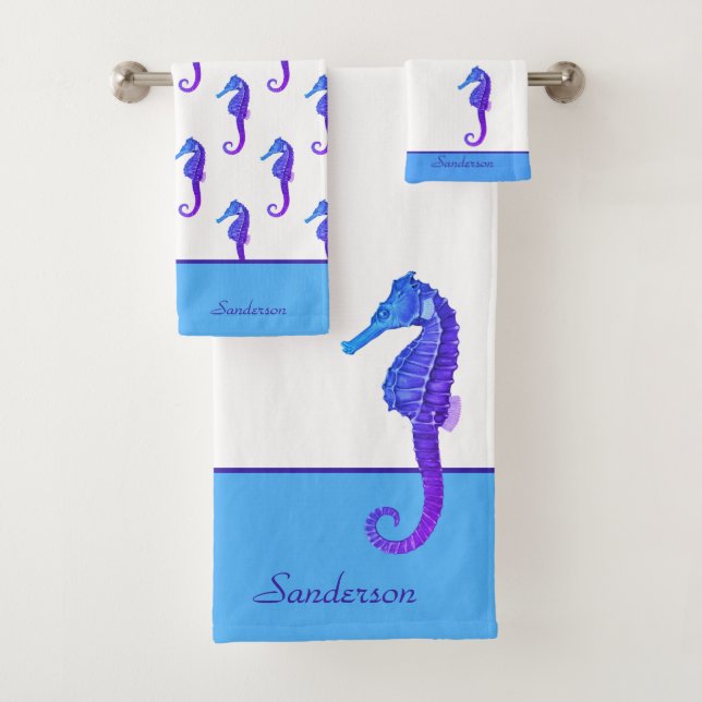 Custom Nautical Seahorse Bathroom Blue Purple  Bath Towel Set (Insitu)