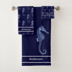 Custom Nautical Seahorse Bathroom Navy Blue Bath Towel Set