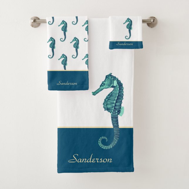 Custom Nautical Seahorse Bathroom Teal Blue Aqua B Bath Towel Set (Insitu)