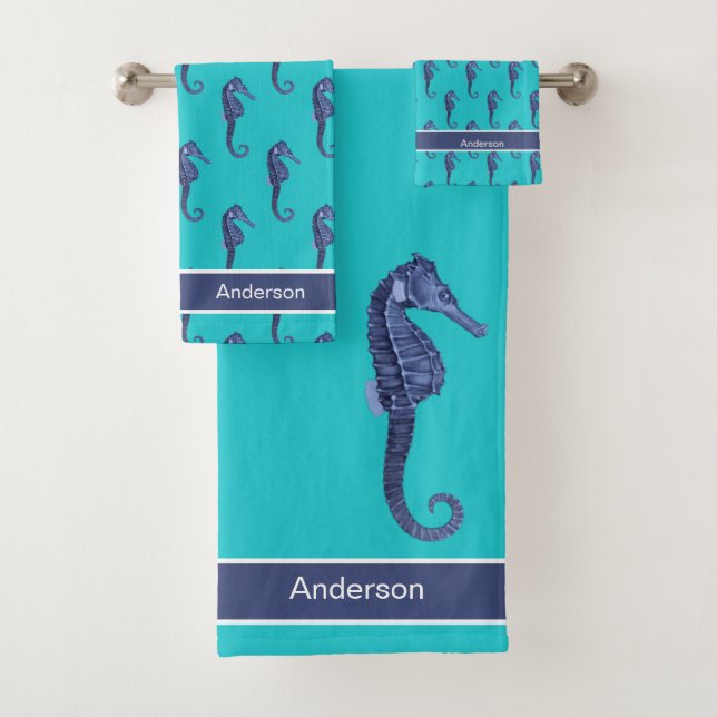 Custom Nautical Seahorse Bathroom Turquoise  Blue Bath Towel Set (Insitu)