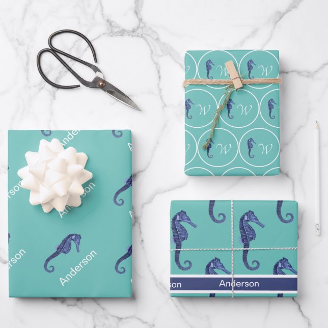 Custom Nautical Seahorse teal Monogrammed Wrapping Paper Sheet (Front)