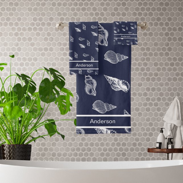 Custom Nautical Seashell Bathroom Ocean Navy Blue  Bath Towel Set (Creator Uploaded)