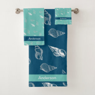 Custom Nautical Seashell Bathroom Ocean Teal  Blue Bath Towel Set