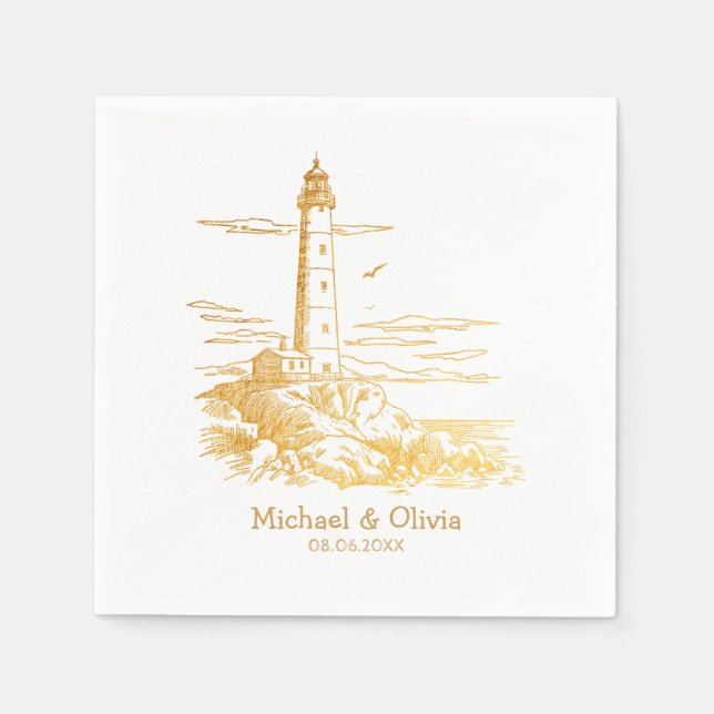 Custom Nautical Seaside Lighthouse Wedding Gold  Napkin (Front)