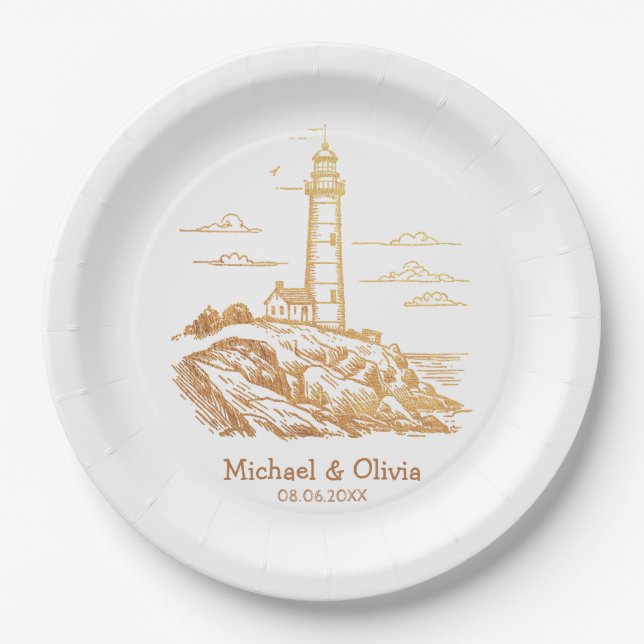 Custom Nautical Seaside Lighthouse Wedding Gold  Paper Plate (Front)