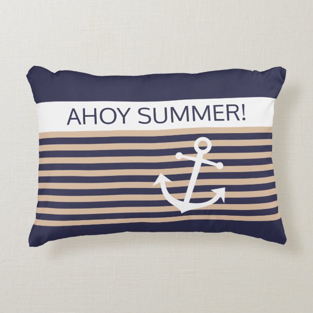 Custom Nautical Taupe Beige Brown Stripe Pattern Decorative Cushion (Front)