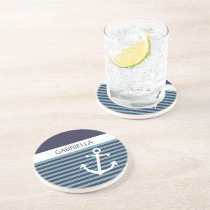 Custom Nautical Teal Blue Green Stripe Pattern Coaster