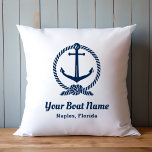 Custom Nautical White and Navy Boat Name Anchor Cushion<br><div class="desc">Nautical square throw pillow features a simple, stylish white with navy blue coastal style design with boat anchor and rope knot image. Personalise the custom text with the name of your boat along with her location city and state. Two-sided pillow is available in indoor and outdoor pillow fabrics. Makes a...</div>
