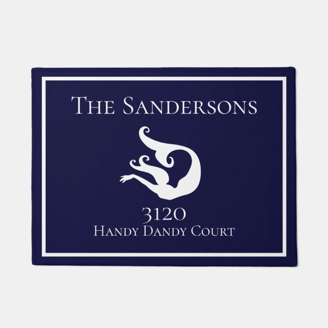 Custom Nautical White Navy Blue Mermaid Door mat (Front)