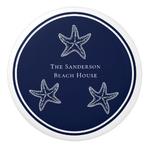 Custom Nautical White Navy Blue Starfish Beach Ceramic Knob