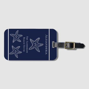 Custom Nautical White Navy Blue Starfish Beach Luggage Tag