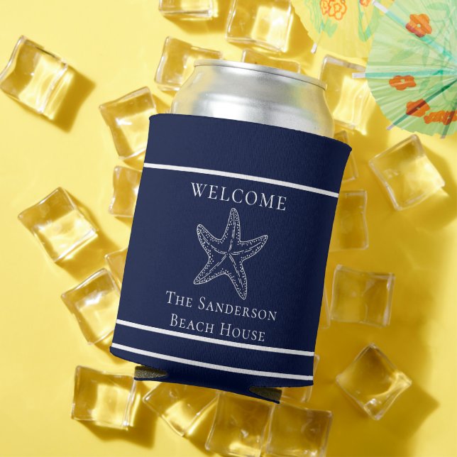 Custom Nautical White Navy Blue Starfish  Can Cooler (In Situ Summer)