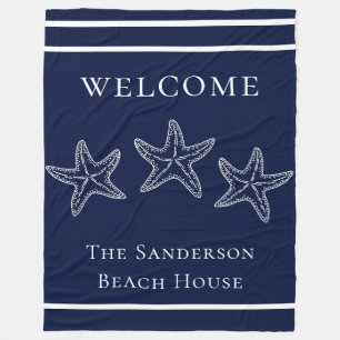 Custom Nautical White Navy Blue Starfish Fleece Blanket