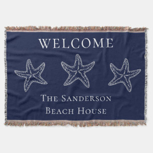 Custom Nautical White Navy Blue Starfish Throw Blanket