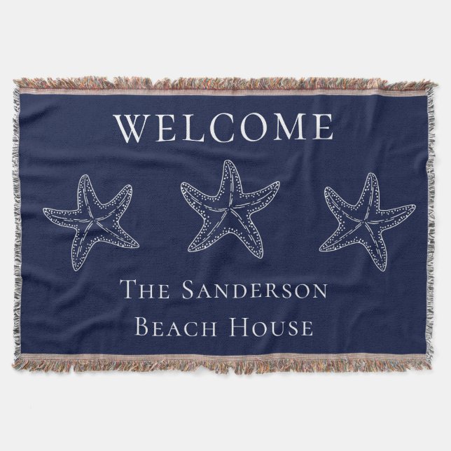 Custom Nautical White Navy Blue Starfish  Throw Blanket (Front)