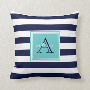 CUSTOM Navy Aqua Monogrammed Awning Stripe Cushion