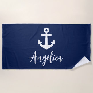 Custom Navy Blue and White Anchor Beach Towel