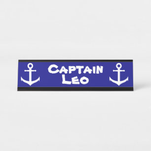 Custom Navy Blue and White Captain with Anchors Desk Name Plate