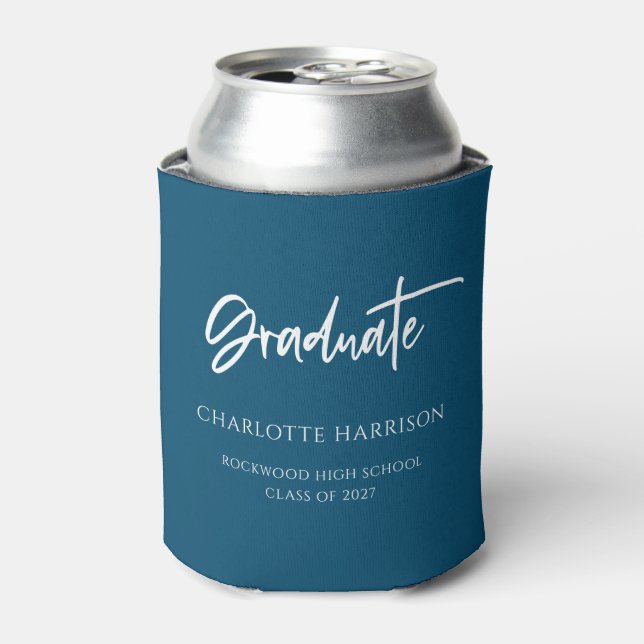 Custom Navy Blue and White Graduation Party Can Cooler (Can Front)