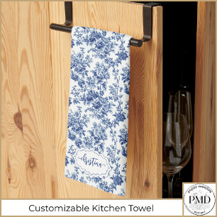 Custom Navy Blue and White Toile Vintage Floral Tea Towel