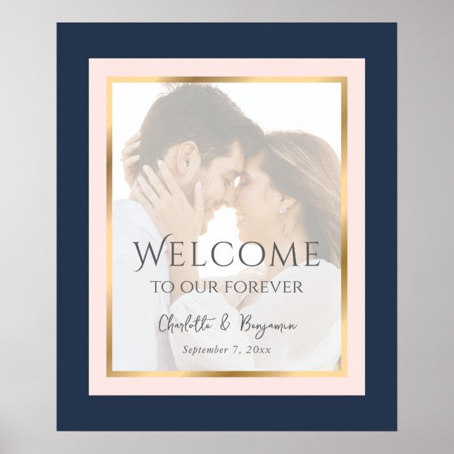 Custom Navy Blue Blush Gold Photo Welcome Sign (Front)