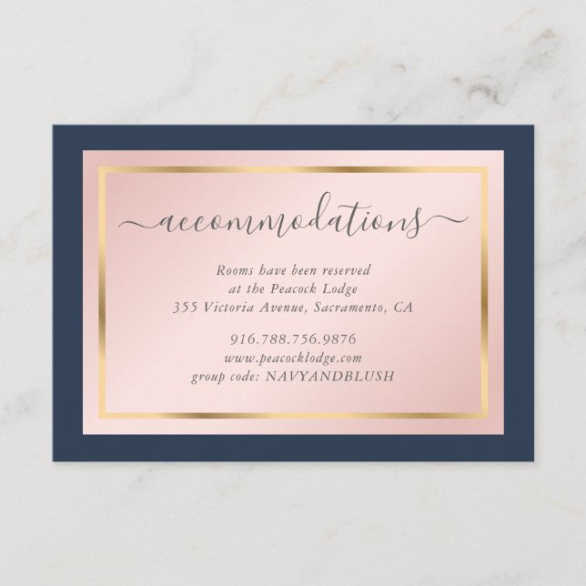 Custom Navy Blue Blush Gold Wedding Accommodation Enclosure Card (Front)