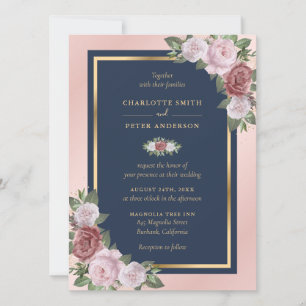 Custom Navy Blue Blush Pink Gold Floral Wedding Invitation