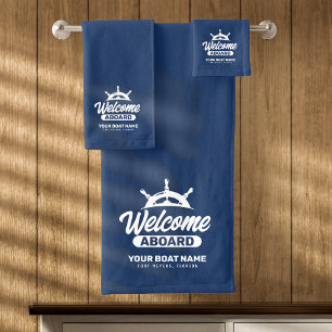 Custom Navy Blue Boat Name Welcome Aboard Bath Towel Set